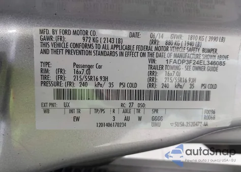 2014 Ford Focus Se from USA, damaged, VIN 1FADP3F24EL346085